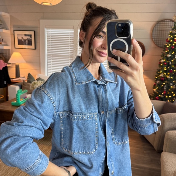 Stradivarius Denim Button Down Over Shirt with Stud Detail - Picture 4 of 5